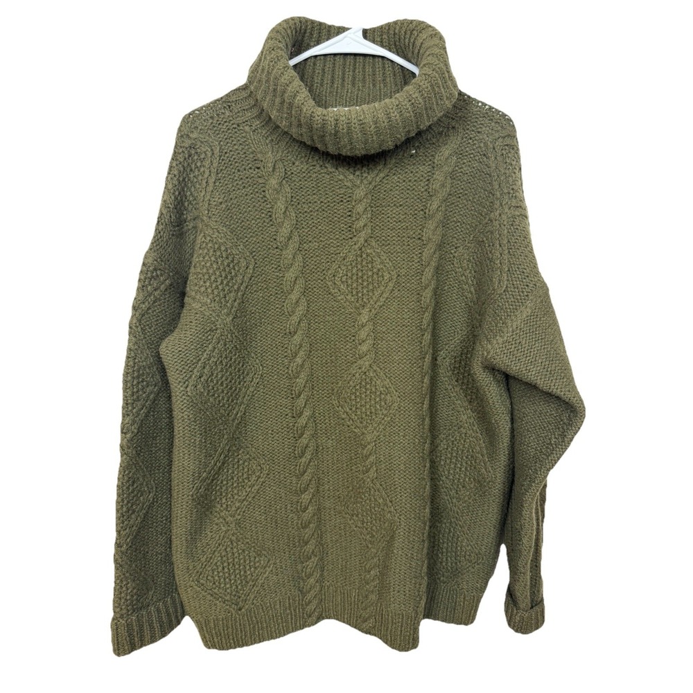 VTG Hand Knit Shetland Wool Cable Knit Turtleneck Sweater Womens M‎ Green Chunky